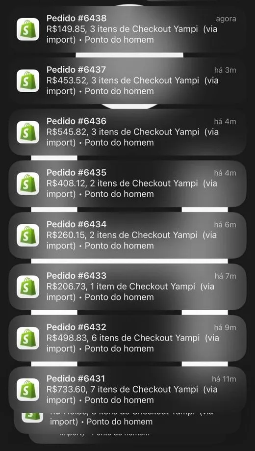 Notificações de pedidos chegando na loja do cliente